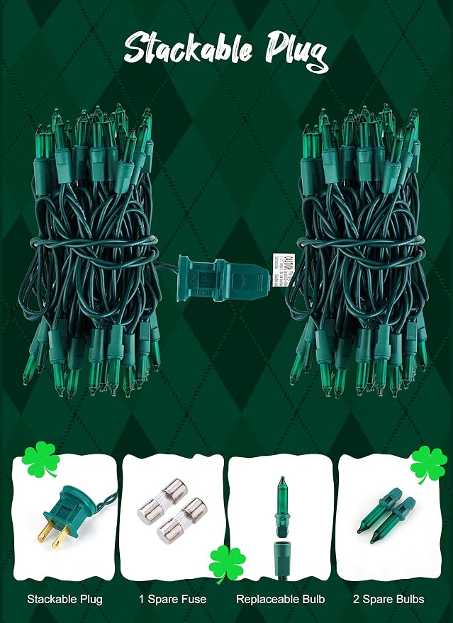 St. Patrick Mini String Lights, 50 Count 10 Feet Incandescent Green Lights | St Patrick Day Lights Waterproof for Indoor Xmas Tree Garland Birthday Wedding Party Festival Decoration,Green Wire