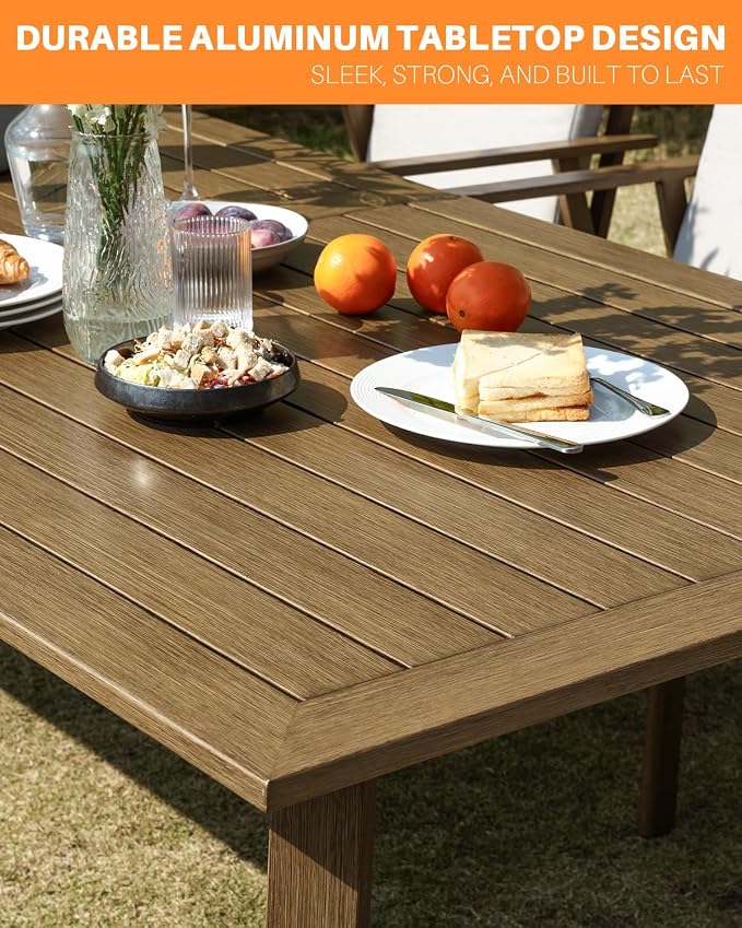 Never-Rust Outdoor Patio Dining Table for 8, 84.6"x38" Outdoor Aluminum Dining Table with 2.2" Umbrella Hole, 8 Person Patio Furniture Dining Table for Garden, Backyard, Porch, Teak