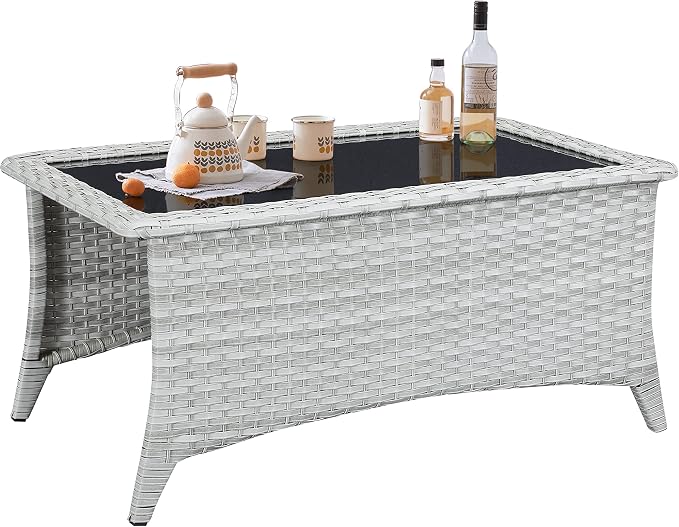 Belord Modern Light Grey Wicker Patio Coffee Table, Rectangular Glass Top, 1 PC - Coffee Table (A077)