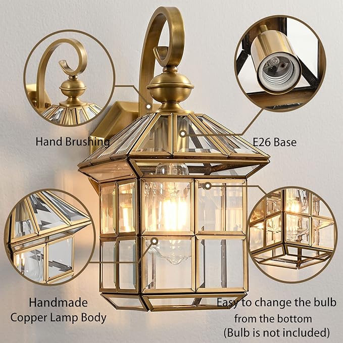 Milaii Copper Brass Outdoor Wall Lights,13.4" Exterior Lantern Light Fixture Waterproof Anti-Rust Wall Mount Lamp with Clear Glass E26 Socket Porch Light for Garage Entryway Patio Balcony