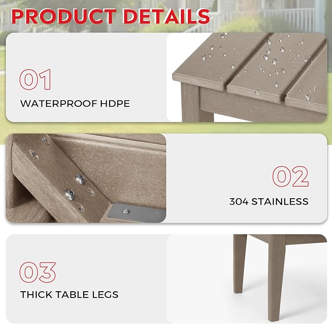 Costaelm Adirondack Outdoor Coffee Table, HDPE Drink Table Weather Resistant, Patio Porch Accent Balcony Table Outdoor End Table for Pool, Seaside, Backyard, Weathered Wood