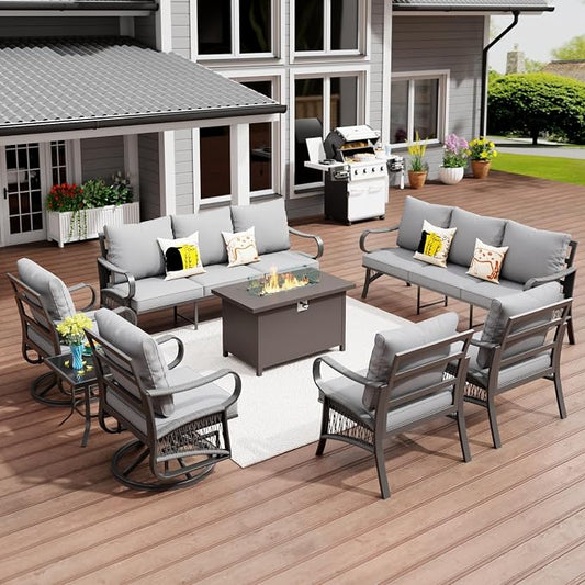 8 Piece Patio Furniture Set, All Weather Metal Outdoor Conversation Set with 50000 BTU Propane Fire Pit Table, 3 Seat Sofa, 2 Swivel Chairs and 5" Cushions for Garden, Porch, Lawn, Grey