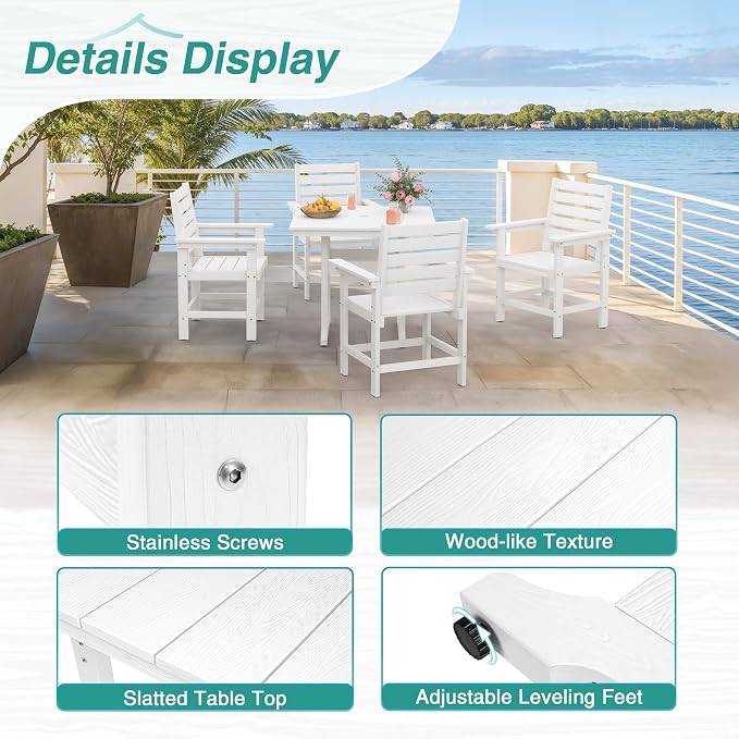5 Piece Patio Dining Set, 35" Square HDPS Weather Resistant Outdoor Table & 4 Patio Chairs Set with 1.96" Umbrella Hole, Heavy Duty for Small Space Backyard Balcony, White