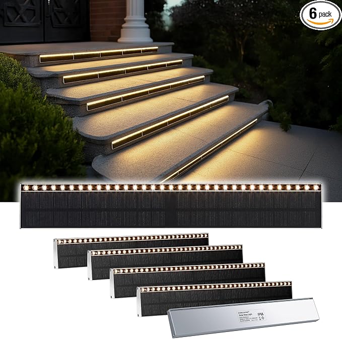 SHONELIGHTING Solar Step Lights Outside, 33 Focused LEDs, Stair Light, 6PK | Downward Lighting, High Brightness, Modular, Waterproof Aluminum, Risers, Deck, Curbsides, Planter Edges, Warm White, 3000K