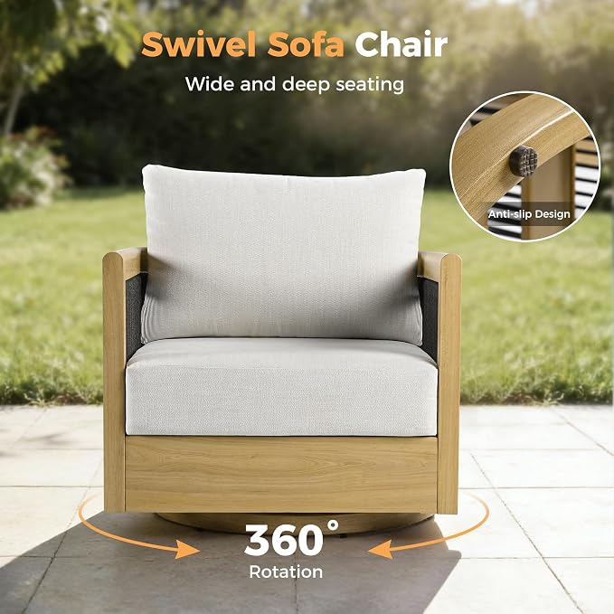 HAPPATIO Aluminum Patio Furniture Set, 3 Pieces Wood-Like Oversized Outdoor Conversation Set with Thick Cushion, Swivel Chair with Curved Tub Design and Woven Rope Accents for Garden, Yard, Pool