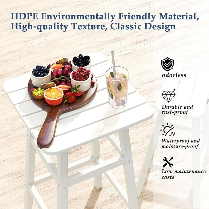 3-Piece Outdoor High Table Set, 42" Pub & Bistro Table with 2 Stools, HDPE Weather Resistant for Patio/Backyard/Garden/Poolside, White