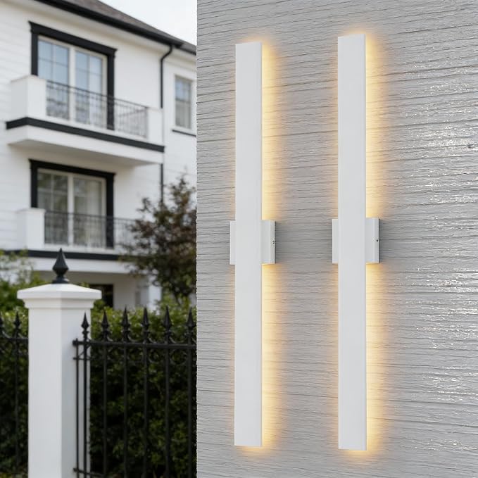 Aipsun 2 Packs Outdoor Wall Sconce, 3000K 4000K 6000K, 31.5in Modern White Exterior Light, Long LED Linear Wall Light Outside Lighting for Entrance, Hallway, Garage, Porch(3CCT)