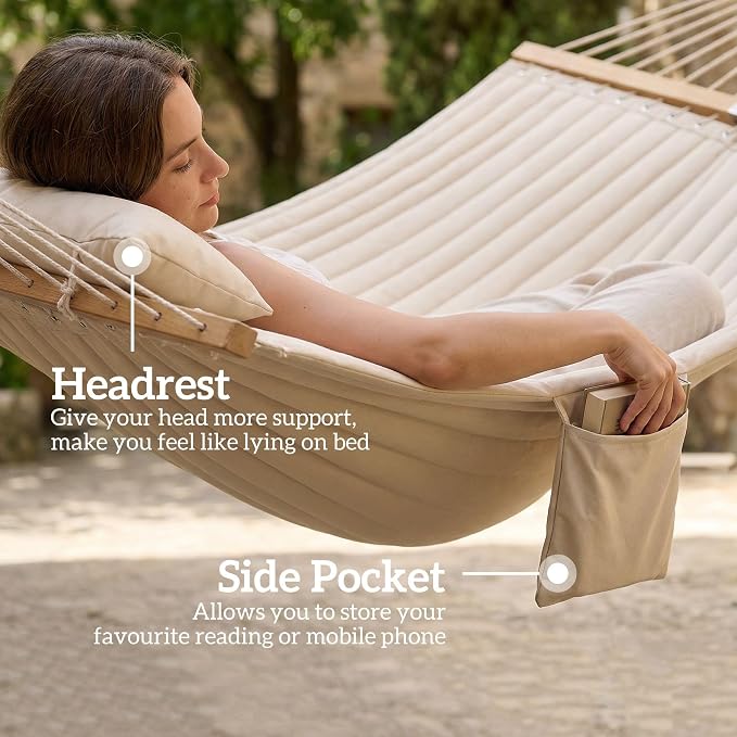 Outdoors 2-Person Hammock with Pillows & Pad Cream White Beechwood Spreader Bars 128in L 440lb Capacity