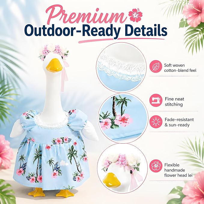 Funny 2 Pack Hawaiian Porch Goose Outfit for 17/23 Inch Lawn Geese Statue, Tropical Palm Floral Summer Dress & Flower Lei Headband Set, Aloha Style Goose Costume for Outdoor Yard Patio Garden Décor