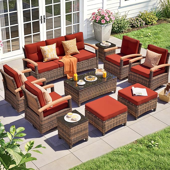 MEISSALIVVE 10 Pieces Patio Furniture Sets,Wicker Patio Conversation Sets with 4 Wood Armrests Swivel Glide Chairs, 2 Ottoman, 3-seat Sofa and Coffee Table (Red)