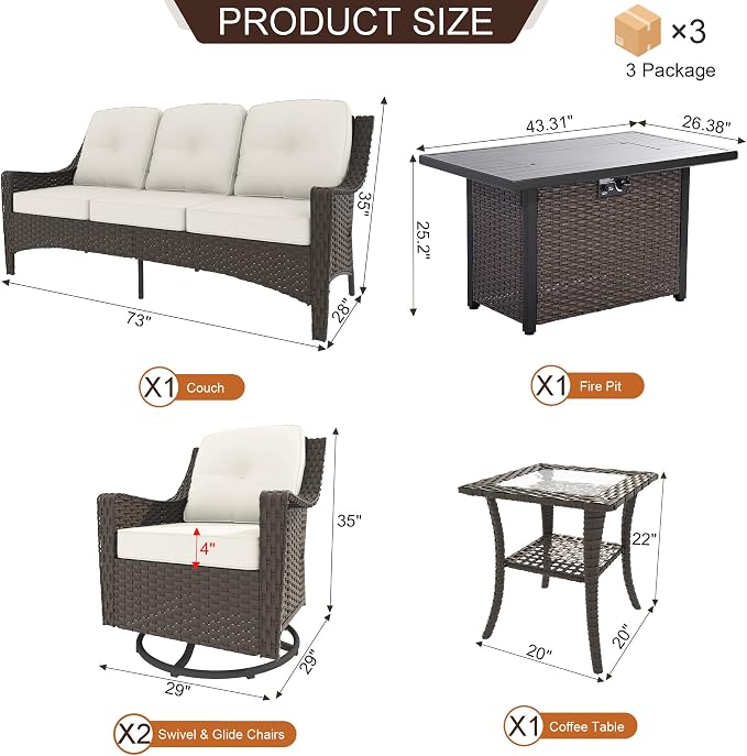 5-Piece Patio Furniture Set, Featuring a fire Pit Table, Rattan Swivel Chairs, Patio Sofa, and Side Table. Ideal for backyards, patios, and Poolside Areas.