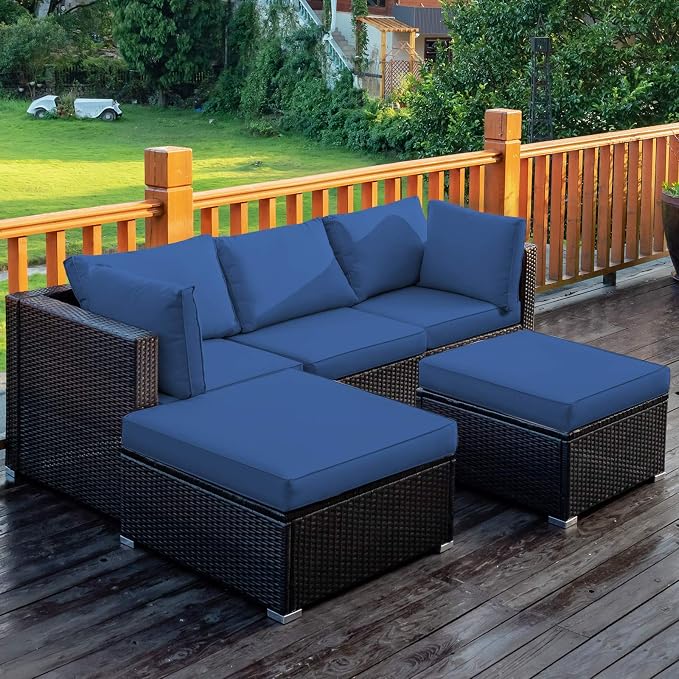 COSTWAY 5-Piece Outdoor Patio Furniture Set, PE Rattan Sectional Conversation Set with Cushions and 2 Ottomans for Garden, Deck, Backyard (Navy)