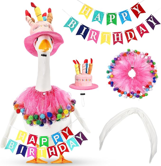Abbylike 4 Pcs Happy Birthday Porch Goose Outfit for 23" Statues Poseable Porch Goose Wings Birthday Cake Hat for Lawn Patio Outdoor Geese Statue Decoration Accessories(Pink,Gauze Skirt Style)
