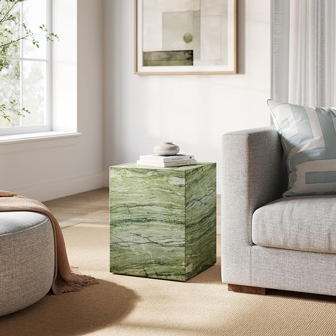 Modway Jordana Indoor Outdoor Concrete Side Table in Green Marble – Square Plinth End Table with Faux Stone Finish - Concrete Furniture Accent Table for Patio, Garden, or Living Room