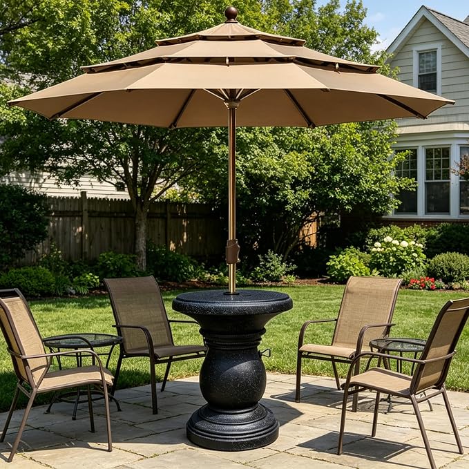 Outdoor Umbrella Side Table, Patio Table with Umbrella Hole for Porch, Concrete Modern Coffee Picnic or Poolside Table, Black