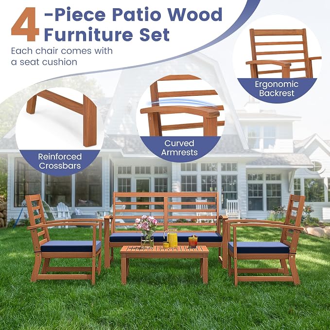 Tangkula 4 Pieces Outdoor Furniture Set, Acacia Wood Conversation Set w/Soft Seat Cushions, Stable Acacia Wood Frame, Patio Sofa & Coffee Table Set for Backyard, Porch, Poolside (Navy)