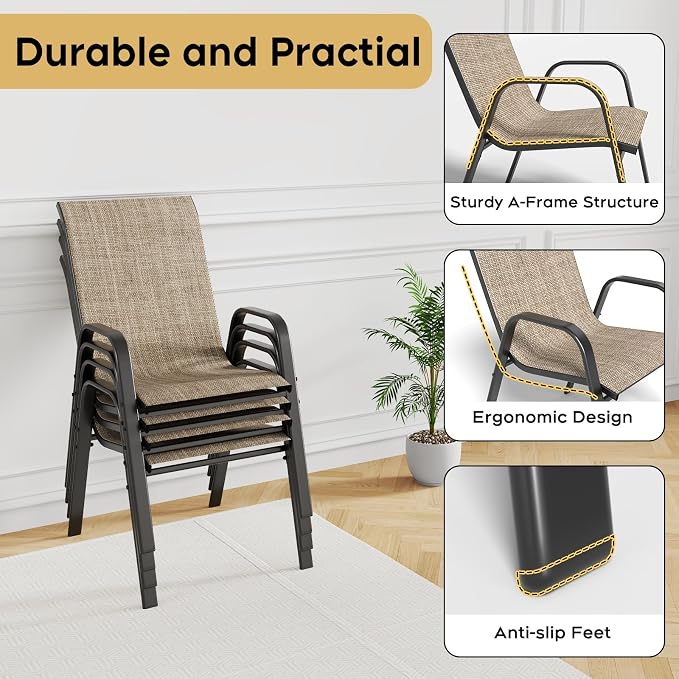 Outdoor Patio Dining Set for 4, 5 Pieces Patio Table and Chairs Set with Umbrella Hole, 41"x 41" Round Metal Wood-Grain Dining Table Set with 4 Stackable Patio Chairs for Deck , Backyard, Porch