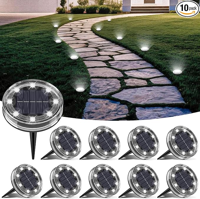 LOTMOS 10 Pack Solar Ground Lights Outdoor, 8 LED Solar Flat Lights IP68 Waterproof Disc Light, Landscape Lighting Solar Powered for Garden Yard Path Driveway Lawn Patio Walkway, Cool White