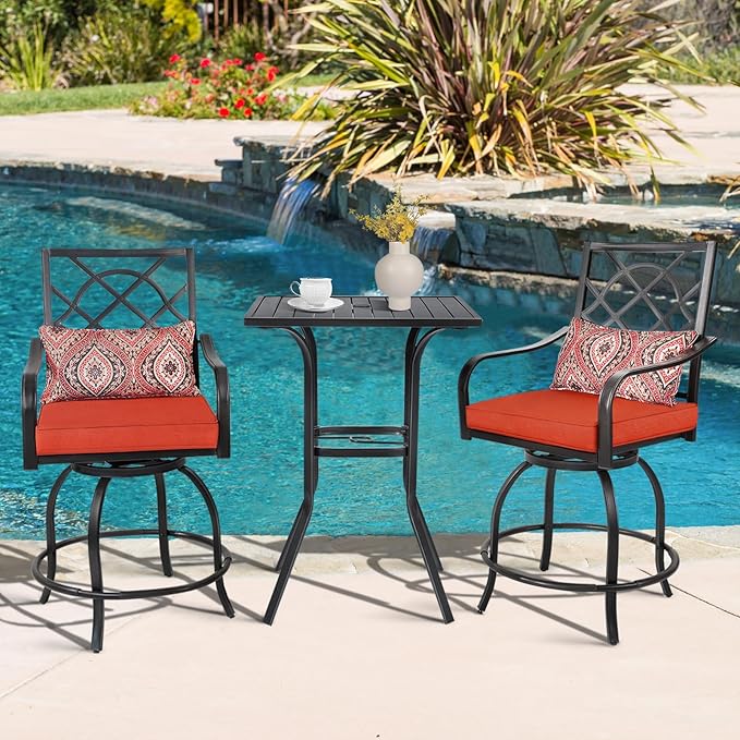 Patio Bar Table, Outdoor Bar Height Bistro Table with Umbrella Hole, Metal Frame and Slat Design, Black