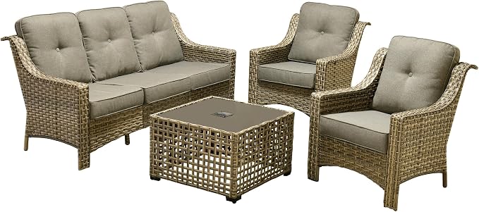Outdoor Patio Furniture Sets, 4 PCS Patio Conversation Set Outside Rattan Sofa with Solar Light Coffee Table Comfy Cushions Fit Backyard Porch Garden Poolside Balcony,Dark Grey