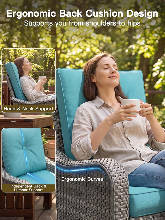3-Piece Patio Furniture Set, Outdoor Swivel Rocking Chairs with 4" Thick Cushions & Side Table, All-Weather PE Rattan & Rust-Resistant Steel Frame Conversation Set for Porch, Backyard, Turquoise