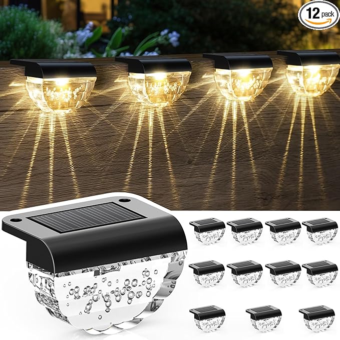 Melunar 12 Pack Solar Deck Lights Outdoor, Solar Step Lights Waterproof for Outside, Yard, Patio, Garden, Pool, Railing, Stairs, Fence (Warm White)