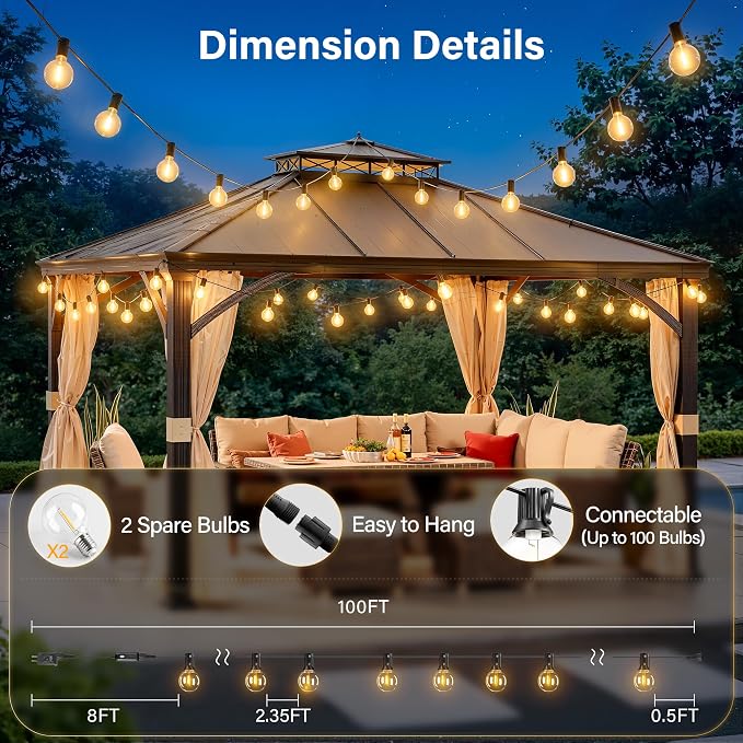 100FT Outdoor String Lights with Remote, Waterproof Connectable Dimmable G40 Patio Lights with 40+2 Shatterproof Edison LED Bulbs Plug in, Hanging Light for Outside Backyard Deck Garage Decor