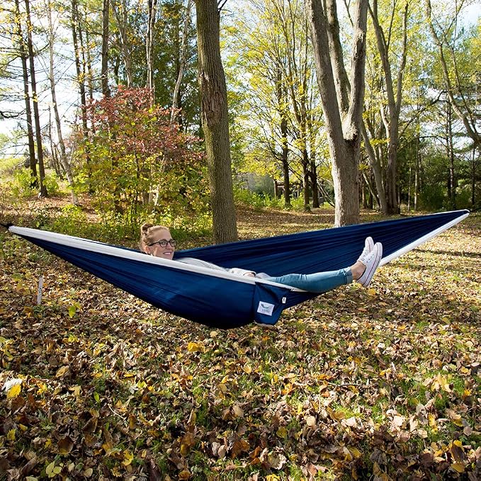 Vivere Double Parachute Camping Hammock, Includes Stuff-Sack (Navy/White)
