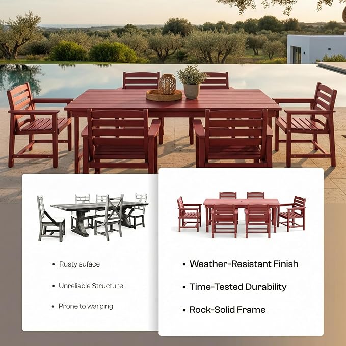 Outdoor HDPE Dining Set 7 Pieces, Patio Table with Umbrella Hole and 6 Chairs, All Weather Patio Furniture for Lawn, Garden, Backyard, Deck, Poolside, Outdoor Dining Table and Chairs, Red