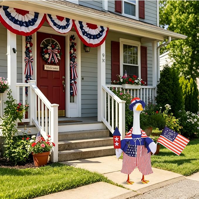 4th of July Porch Goose Outfit with Hat & Cape for 23" Goose, Outdoor Decor | 250th Anniversary Flag Design, Goose Clothes with Cape & Hat, Independence Day Decor for Outdoor Porch Yard Lawn Garden