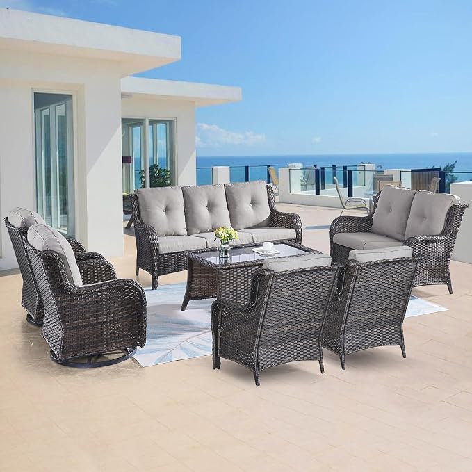 Belord 7 Piece Wicker Patio Furniture Set, Outdoor Swivel Rocker Chairs Set of 2 with Ottomans, 3 Seat Sofa and Loveseat, All Weather Patio Conversation Furniture Set, for Pool,Yard Brown Wicker/Gray