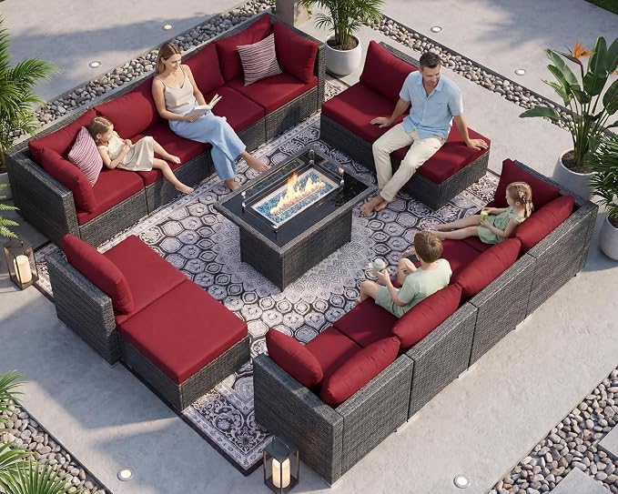 NICESOUL 13 Piece Patio Furniture w/Fireplace, Elegant Outdoor Seating w/Firepit, XL Size 29.3'' High Back Sectional Sofa, All-Weather Rattan Deck Couch, Modular Sturdy Conversation Set, Gray & Red