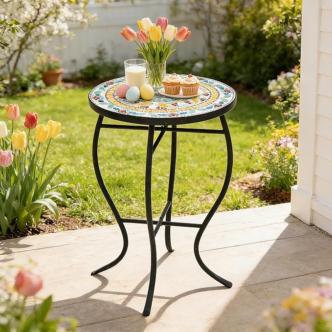 22" Mosaic Side Table, Outdoor Bistro Table Weather Resistant, Iron Plant Stand for Patio, Small Coffee End Table for Balcony Garden Bedroom Living Room, Vintage Mint Green