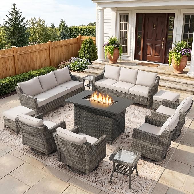 Belord Patio Wicker Swivel Rocker Patio Chairs with 3-Seater Sofa and 42.5" Fire Pit Table, Outdoor Furniture Set for Deck Porch Poolside, 11 Piece Patio Conversation Furniture Set,Beige