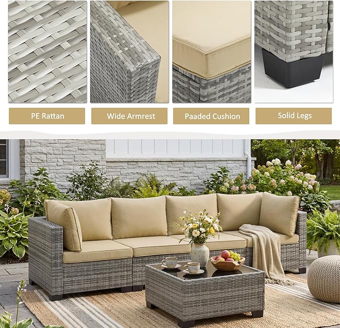 ANJ Outdoor Wicker Patio Chairs Set of 2, Modular Armless Patio Seating with Thick Cushions, All-Weather Rattan Conversation Chair Set for Porch, Balcony, Garden, Backyard, Light Grey Wicker-Camel