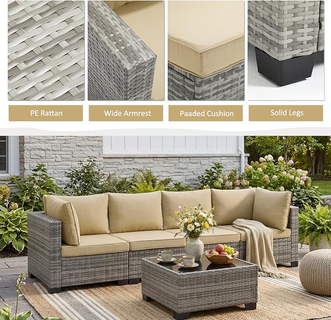 ANJ 7 Piece Outdoor Wicker Patio Furniture Set, Modular Loveseat Sofa with with Glass Top Coffee Table, All-Weather Rattan Conversation Couch Set for Balcony, Backyard, Light Grey Wicker-Camel