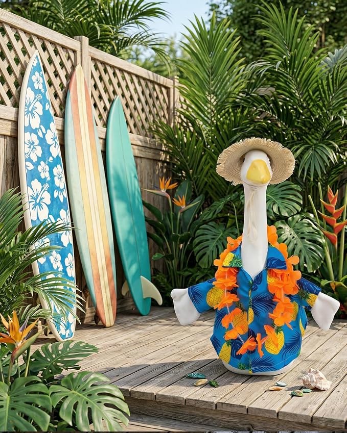 Summer Porch Goose Outfits Hawaiian Style with Straw Hat & Orange Wreath, 23" Blue Shirt Lawn Cement Goose for Spring Summer, Patio Yard Garden Geese Decoration Gift for Mom Father Grandma