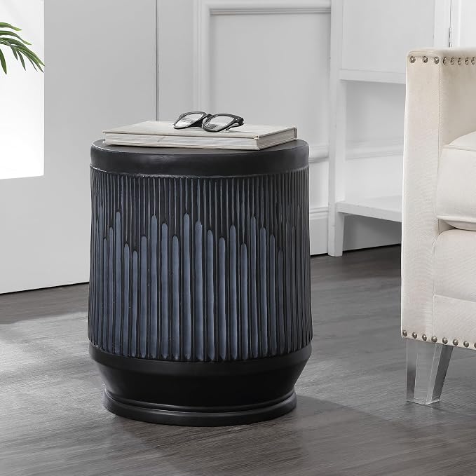 JONATHAN Y Kline Ribbed Resin Modern Outdoor Accent Table, 17.5" H All-Weather Washed Black Patio Drum Side Table and Garden Stool for Pool, Porch, and Living Room TBL1103C