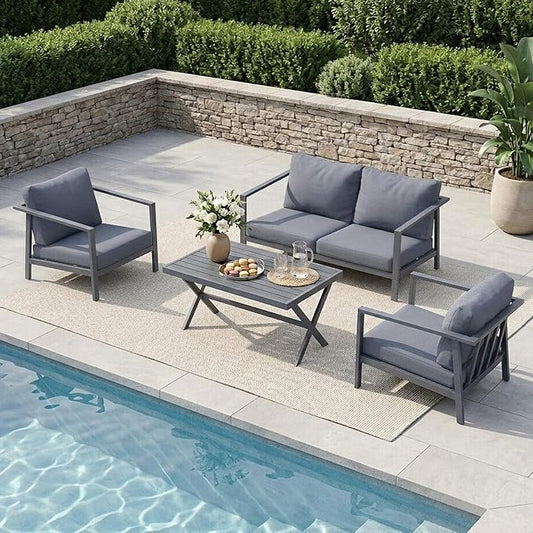 Aug-guan Aluminum Patio Furniture Set 4 Piece, Outdoor Conversation Set with 5" Cushions, Olefin Fabric, Rustproof Frame, Non-Slip Feet, Compact Patio Sofa Set for Balcony, Backyard, Porch,Grey