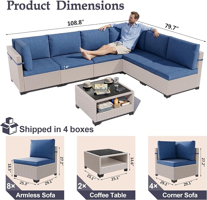 Patio Furniture Set, 14-Piece Outdoor Sectional Sofa with 2-Layer Glass Coffee Table, Wicker Patio Conversation Set with Blue Cushions for Backyard, Poolside, Porch