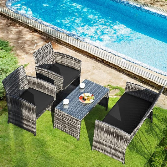 Outdoor Conversation Set, 4 Pieces Wicker Patio Furniture Set with Ergonomic Curved Design, Patio Chair Set with Water-Resistant Cushion & Tempered Glass Table for Balcony,Porch(Black)
