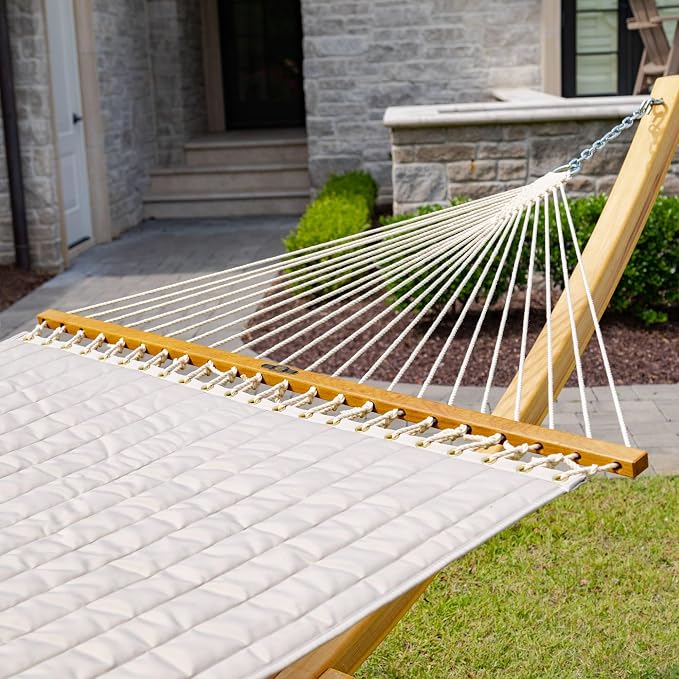 Original Pawleys Island Large Antique Beige Sunbrella Quilted Hammock – 13 ft. x 55 in., 2-Person, 450 lb Capacity, Oak Spreader Bar, Handcrafted in the USA