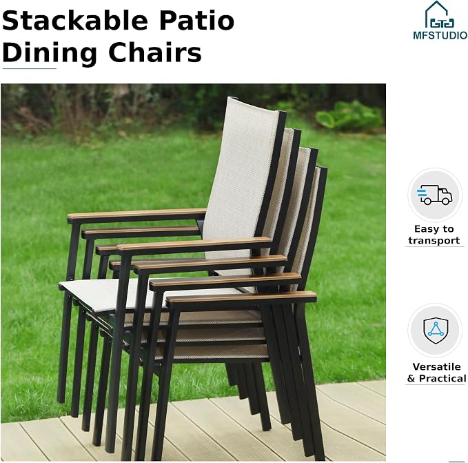 MFSTUDIO 9 Piece Outdoor Dining Set, Metal Table & Aluminum Chairs, Beige | Stackbale chairs, Light-weight & space-saving, Square Table, Umbrella Hole, Patio deck, 8 person