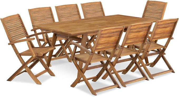 East West Furniture DEHD9CANA 9 Piece Outdoor Patio Dining Sets Contains a Rectangle Acacia Wood Table and 8 Folding Arm Chairs, 40x72 Inch, Natural Oil