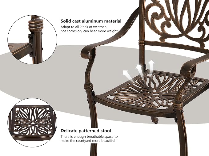 Grepatio 5 Piece Cast Aluminum Patio Dining Set Outdoor Furniture Set 4 Patterned Back Chairs and 1 Large Square Table with 2.4" Umbrella Hole Outdoor Furniture Dining Set for Patio Garden