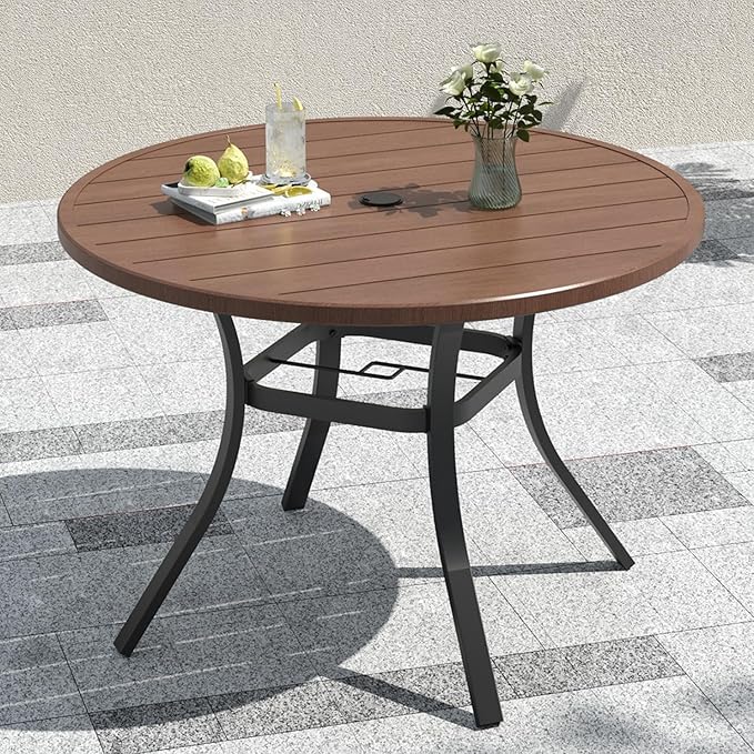 Brown Metal Slat Top 41" Outdoor Patio Round Dining Table with Black Frame | Wood-like Brown Slat Top, Black Frame, All Weather, 1.57-1.9 inch Adjustable Umbrella Hole, 3.4ft, 4 Person