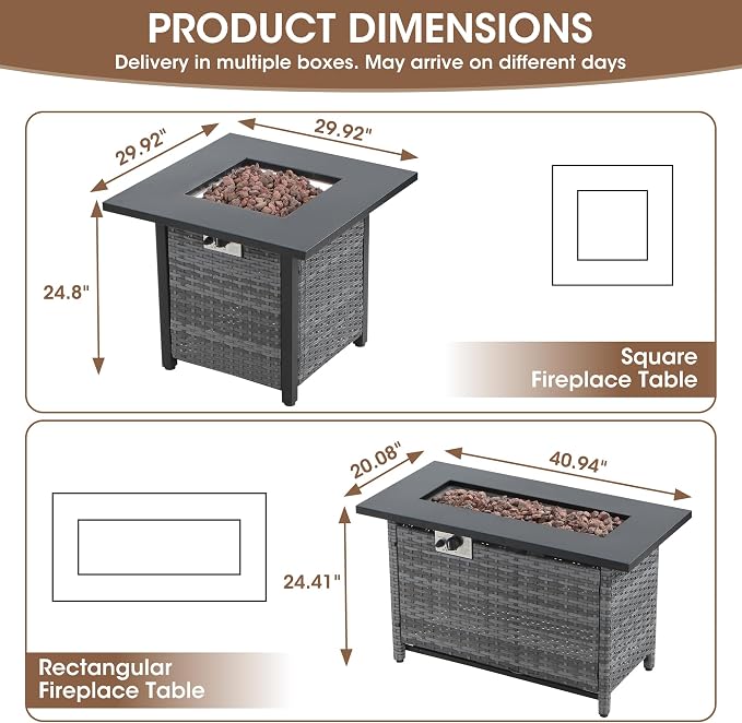 5 Piece Patio Furniture Set with Fire Pit, Grey Wicker Outdoor Conversation Set with 2 Swivel Rocker Chairs, 2 Sofas and Square 60,000 BTU Fire Pit Table, Beige Covers for Porch, Deck