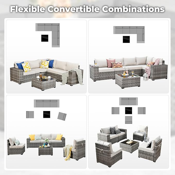 ovios 6 Pieces Patio Furniture Set, Outdoor Wicker Sectional Sofa with Coffee Table Comfy Cushions, Modern Modular Deep Seat Couch Rattan Conversation Set, Beige
