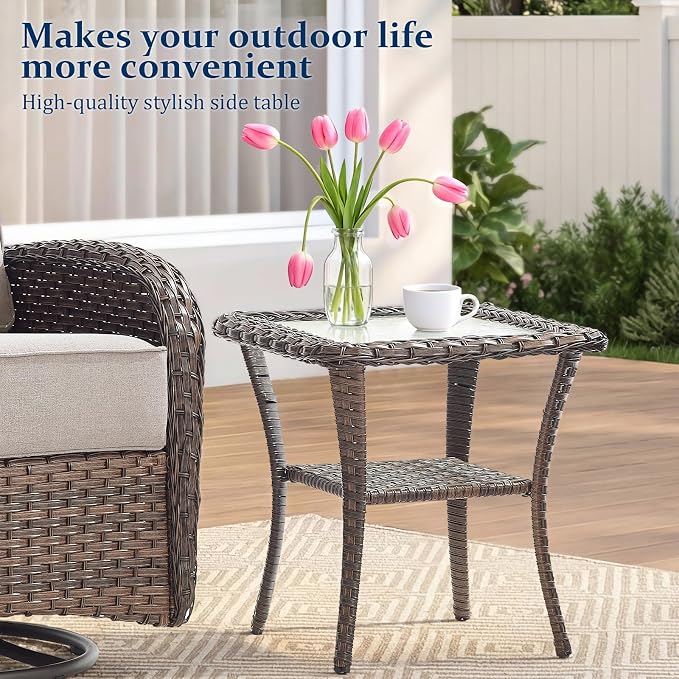 Outdoor Swivel Rocking Chair Patio Set (8pcs), High-Back - Thick Cushion Swivel Rocking Chair Patio Set, All-Weather Wicker Patio Furniture Set, Suitable for Balcony Patios, Brown/Beige