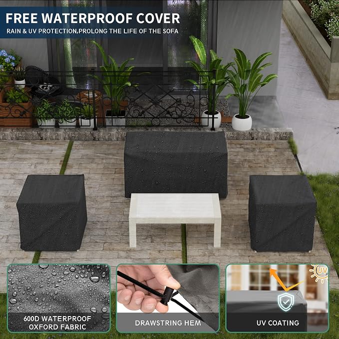 Amopatio Aluminum Patio Furniture, 5 Pieces Metal Outdoor Furniture Set, Outdoor Sectional Modern Sofa Sets with Coffee Table for Pool, Garden, White&Blue (Included Waterproof Covers)